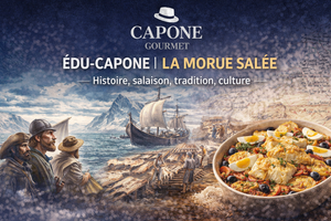 Édu-Capone Capone Gourmet – Illustration premium sur l’histoire de la morue salée : pêche traditionnelle, salaison artisanale, culture maritime et plat gastronomique de morue salée, avec logo Capone Gourmet.