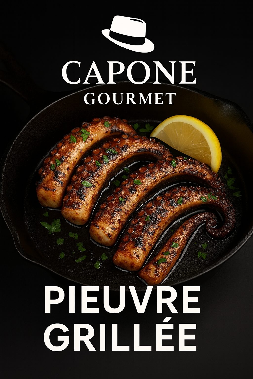 Pieuvre grillée dans une poêle en fonte, marquée au gril, garnie de persil et citron, présentation gastronomique Capone Gourmet.
