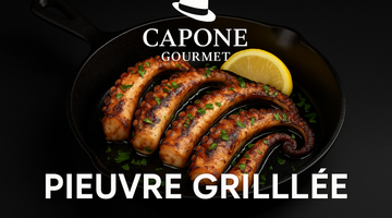 Pieuvre grillée dans une poêle en fonte, marquée au gril, garnie de persil et citron, présentation gastronomique Capone Gourmet.