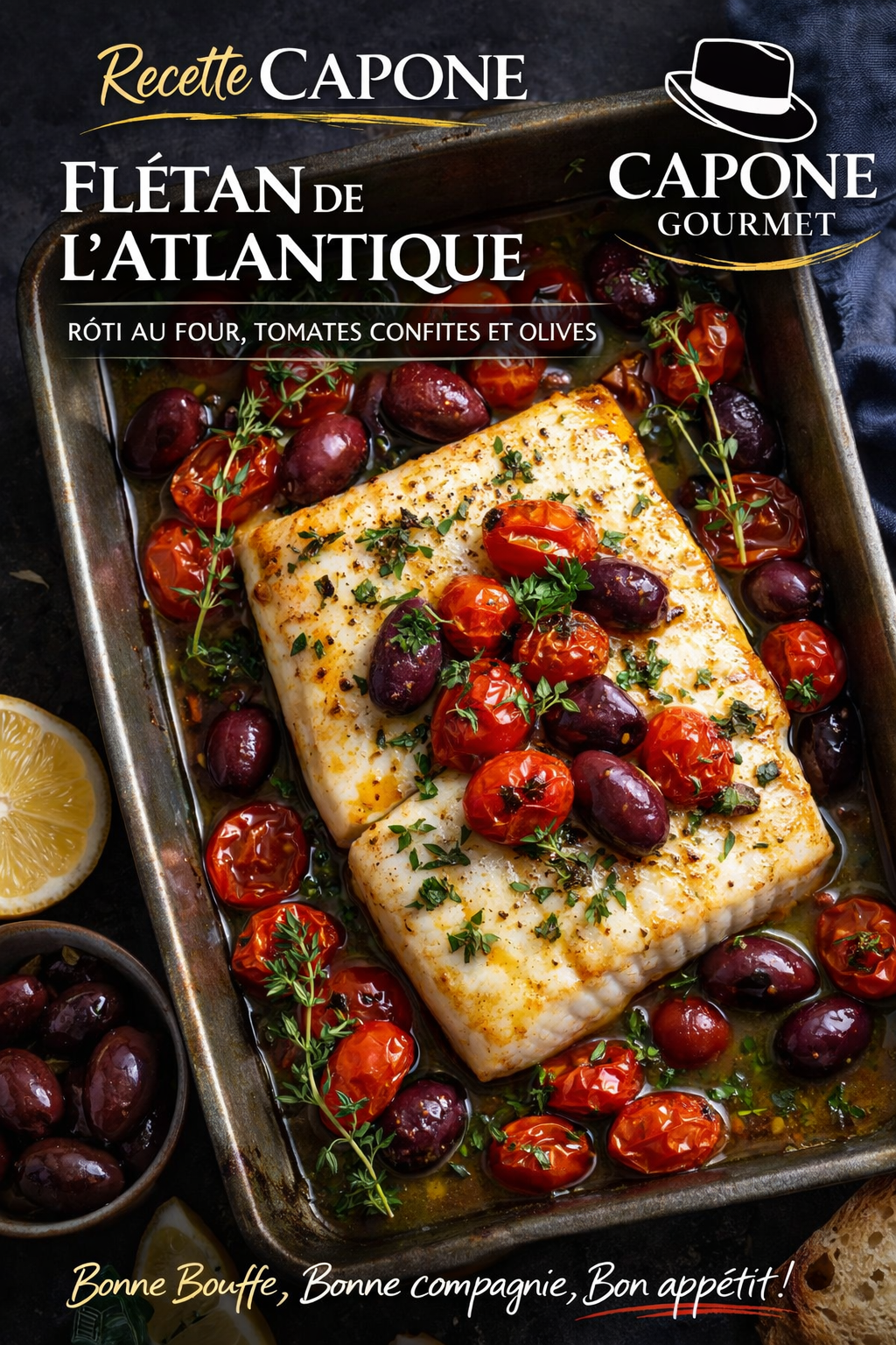 Recettes Capone Gourmet, Flétan de l’Atlantique rôti au four, tomates confites et olives