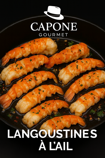 Queues de langoustines poêlées dans une casserole en fonte, avec beurre, ail et herbes – Recette Capone Gourmet
