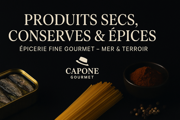 Bannière Capone Gourmet 3:1 présentant la collection Produits secs, conserves et épices, avec conserves de la mer, pâtes italiennes et épices gourmet sur fond noir.