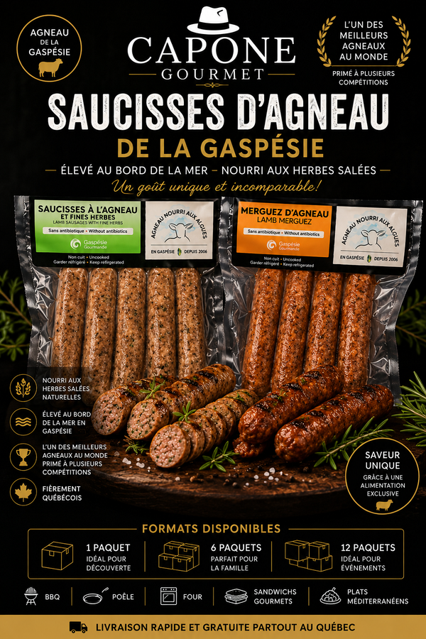 SAUCISSES D’AGNEAU DE LA GASPÉSIE – ÉLEVÉ AU BORD DE LA MER | CAPONE GOURMET
