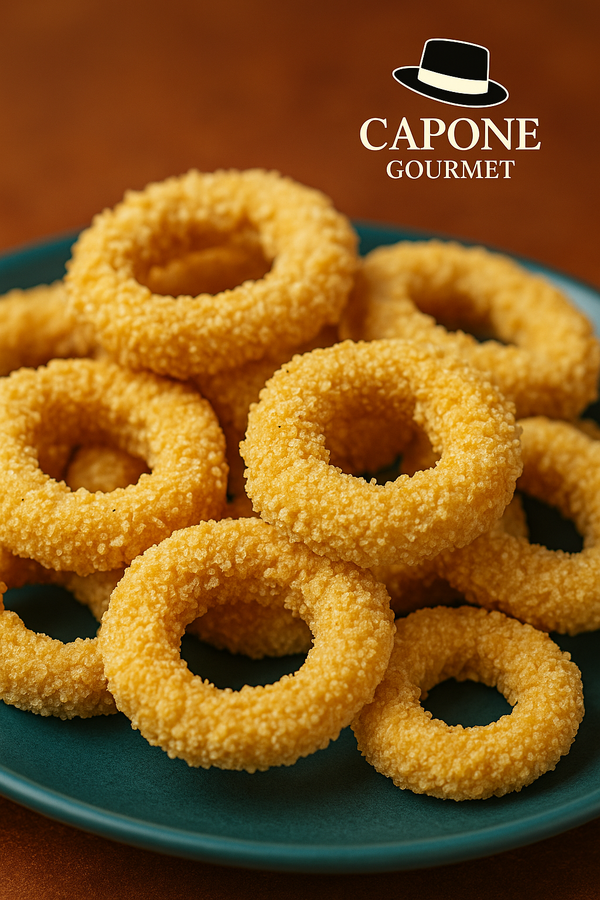 Anneaux de calmar crus panés Capone Gourmet présentés sur une assiette, avec le logo officiel.
