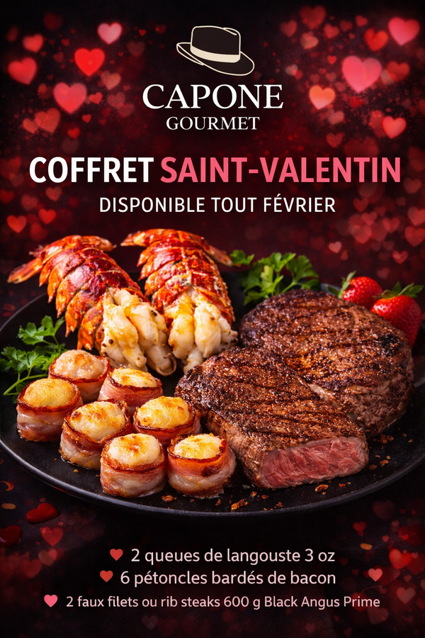 Coffret Saint-Valentin Capone Gourmet avec queues de langouste, pétoncles bardés et steaks Black Angus Prime