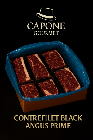 Caisse Capone Gourmet remplie de steaks de contrefilet Black Angus Prime, portionnés et emballés sous vide, présentés sur fond noir prestige.