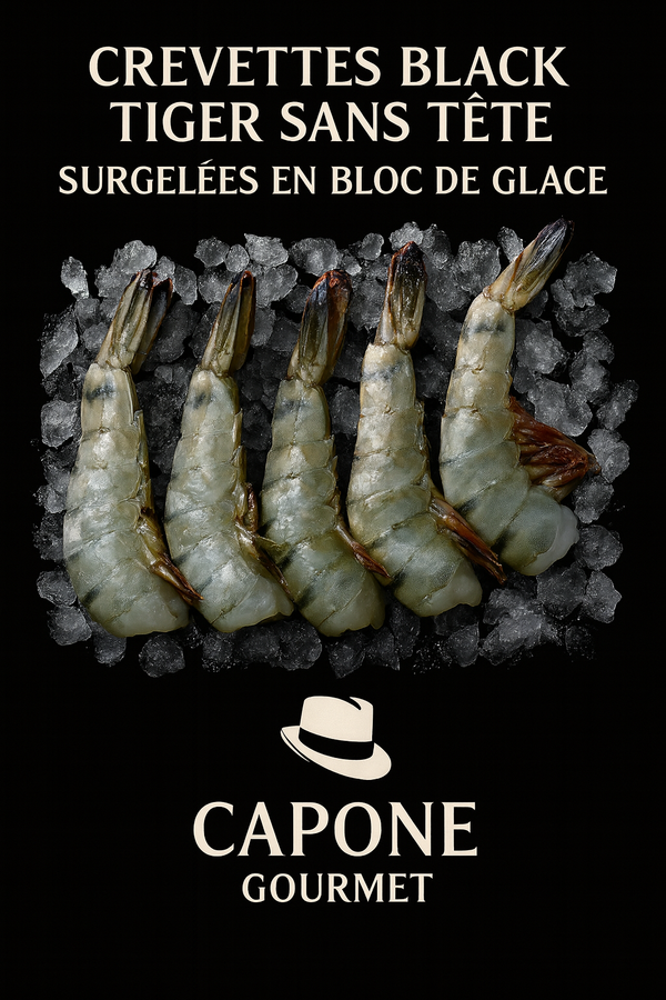Headless Black Tiger Prawns – 4 lb Block | Capone Gourmet
