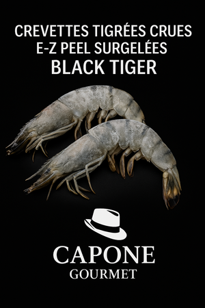 Crevettes tigrées Black Tiger crues surgelées E-Z Peel avec carapace-
fendue faciles à décortiquer – Capone 