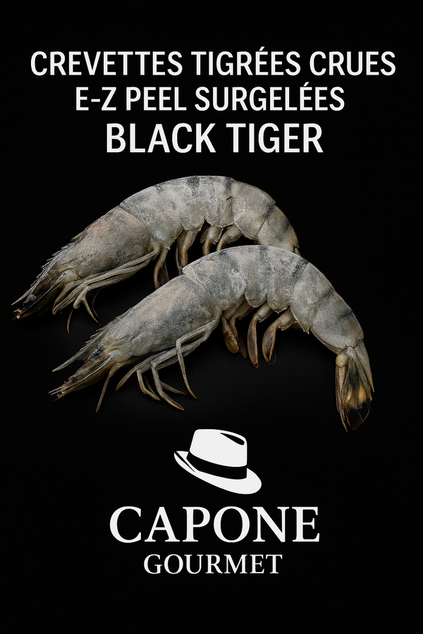 Crevettes tigrées Black Tiger crues surgelées E-Z Peel avec carapace-
fendue faciles à décortiquer – Capone 