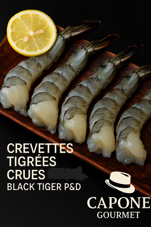 Crevettes tigrées crues Black Tiger P&D, décortiquées et déveinées avec queue – Capone Gourmet