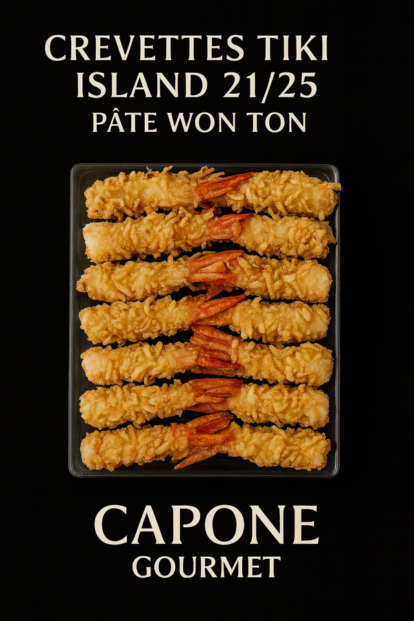 Crevettes Tiki Island 21/25 en pâte won ton Capone Gourmet – format 3 lb ou caisse 4 x 3 lb