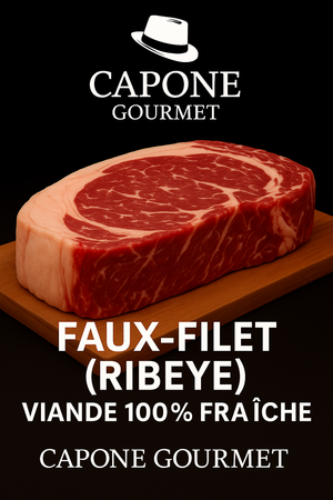 Ribeye frais premium Capone Gourmet présenté sur planche, viande richement persillée sous logo officiel Capone Gourmet.