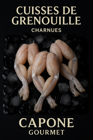 Cuisses de grenouille charnues et jumbo 13/15, 8/12, 6/8 sur lit de glace – produit surgelé haut de gamme Capone Gourmet Québec
