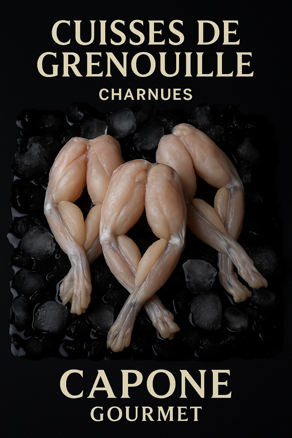 Cuisses de grenouille charnues et jumbo 13/15, 8/12, 6/8 sur lit de glace – produit surgelé haut de gamme Capone Gourmet Québec
