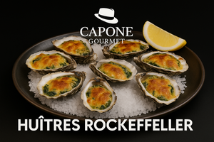 “Huîtres Rockefeller gratinées sur lit de sel – Capone Gourmet, recette prestige aux épinards, beurre et parmesan.”