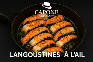 Queues de langoustines poêlées dans une casserole en fonte, avec beurre, ail et herbes – Recette Capone Gourmet