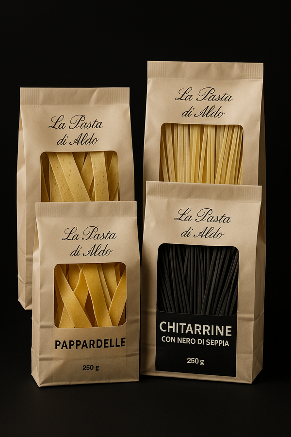 Pâtes italiennes artisanales La Pasta di Aldo 250 g, pappardelle, linguine, tagliatelle à la truffe et chitarrine à l’encre de seiche.