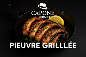 Pieuvre grillée dans une poêle en fonte, marquée au gril, garnie de persil et citron, présentation gastronomique Capone Gourmet.