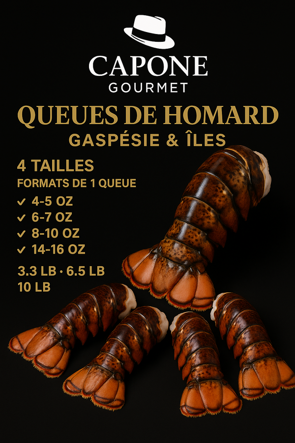 Queues de homard de la Gaspésie et des Îles parfaitement présentées sur glace, style premium, image produit officielle Capone Gourmet.