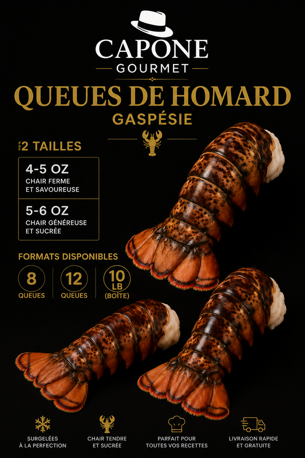 QUEUES DE HOMARD – GASPÉSIE  4–5 oz • 5–6 oz • 8–10 oz | Surgelées premium | Capone Gourmet