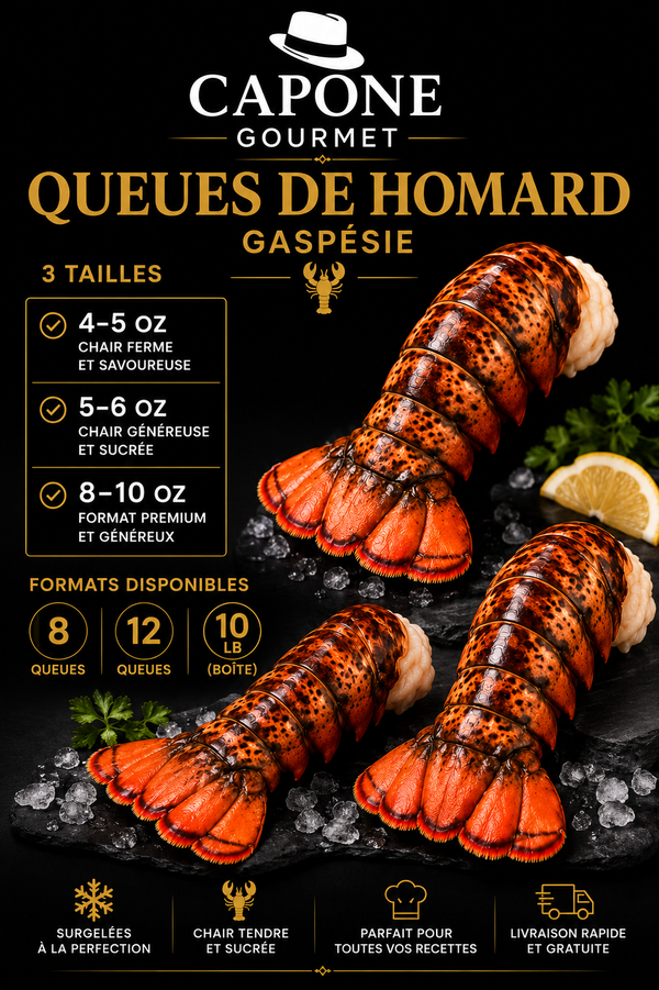 QUEUES DE HOMARD – GASPÉSIE  4–5 oz • 5–6 oz • 8–10 oz | Surgelées premium | Capone Gourmet