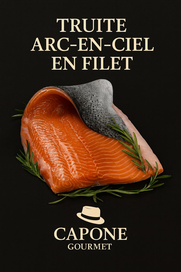 Filet de truite arc-en-ciel fraîche, chair orangée, présenté en photo premium sur fond noir avec le logo Capone Gourmet.